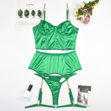 Satin high-end fun lingerie three piece set with chain back hollowed out