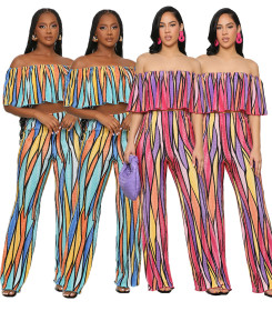 Printed Off Shoulder Wrapped Chest Top Loose Wide Leg Pants Two Piece Set