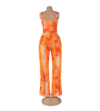 Printed fringed lace suspender jumpsuit two-piece set with micro flares