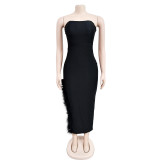Solid color chest wrap sleeveless feather long dress