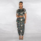 Round neck short sleeved elastic waist pants printed two-piece set