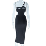 Oblique Shoulder Skinny Dress with Solid Color Hip Wrap Dress