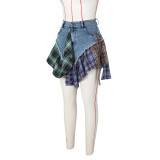 Irregular plaid patchwork denim short skirt