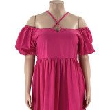 Solid Off Shoulder Hanging Neck Large Loose Short Sleeve Dress