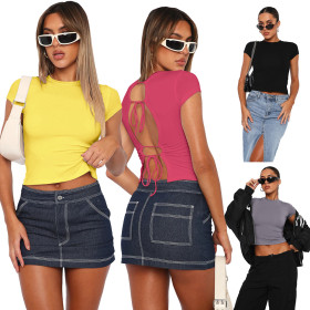 Naked Cord Hollow Open Back Ultra Short Top T-shirt