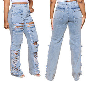Loose fitting high waisted wide leg torn jeans casual pants