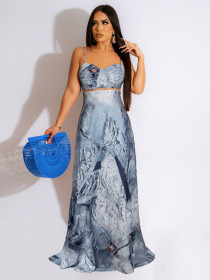 Denim printed pin with bare back strap and floor long skirt set