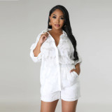 Solid Sunscreen Long Sleeve Shorts Solid Jacquard Two Piece Set