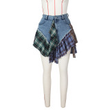 Irregular plaid patchwork denim short skirt