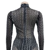 Solid mesh hot diamond long sleeved short skirt dress