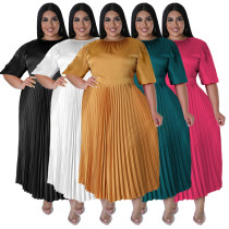 Pleated round neck long dress with short sleeves