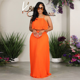Solid color strap pleated casual set