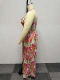 Wrapped chest print, oversized stretch and wide leg pleated, oversized jumpsuit