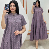 Printed casual loose fitting short sleeved large swing dress