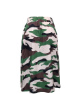 Casual camouflage printed zipper split elastic waist skirt