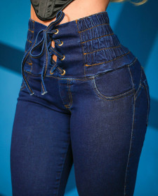 High waisted buttocks with drawstring tight jeans