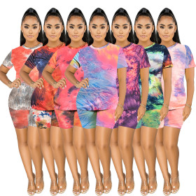 Tie dyed short sleeved T-shirt shorts two-piece set