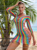 Rainbow striped tassel hollowed out sexy lingerie