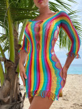 Rainbow striped tassel hollowed out sexy lingerie