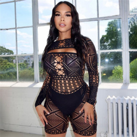 Hollow lace perspective high waisted tight knit jumpsuit shorts