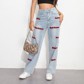 Loose Wide Leg High Waist Letter Perforated Plus Size Jeans