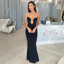 Bust V-neck dress with open back and waistband fishtail skirt