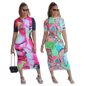 Round neck painted printed dress