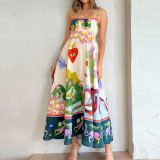 Printed graffiti patchwork strap ruffled dress