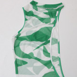 Printed Irregular Mesh Dress Three Piece Set