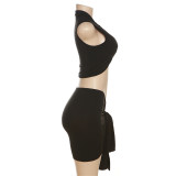 Tight cut out top with high waist and buttocks tied up short skirt set