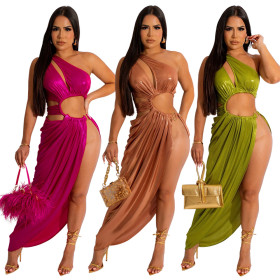 Irregular high slit hollowed out sleeveless dress long skirt