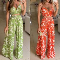 Suspended deep V-neck printed vest with elastic waist, straight leg pants set (including chest pad)