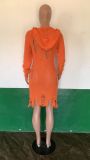 Long sleeved perforated knit hooded dress