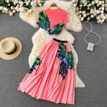 Printed Short T-shirt Top Two Piece Set Pleated Skirt