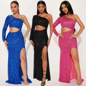 Chest Wrapped One Shoulder Long Sleeve Sequin Hollow out High Waist Dress