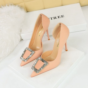 High heels, thin heels, shallow cut, pointed side cut metal rhinestone buckle single shoe
