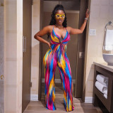Printed buttocks with cross straps and elastic buttocks with suspenders jumpsuit