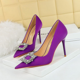 High heels, thin heels, shallow cut, pointed metal rhinestone buckle, women's single shoes, super high heels