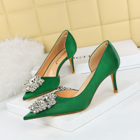 High heeled shallow cut pointed satin side cut rhinestone buckle women's singles shoes