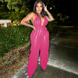 Wave pattern wrapped chest strap casual jumpsuit