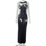 Sleeveless Printed Dress Slim Fit Long Dress