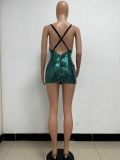 Sequin backless hollowed out suspender wrap hip dress