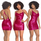 Sequin backless hollowed out suspender wrap hip dress