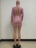 V-neck sequin long sleeved dress pleated open backpack buttocks dress