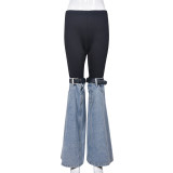 Denim panel elastic waist slimming flared jeans