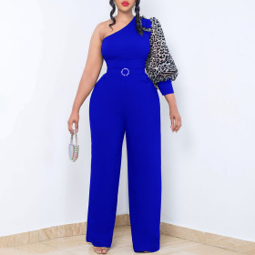 Oblique shoulder and waist style wide leg oversized jumpsuit with waistband
