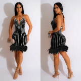 Solid Color Diamond Mesh Feather Strap Short Skirt Dress