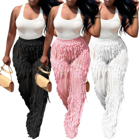 Wave pattern perspective high waisted wide leg pants (pants only)