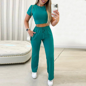 Round neck short sleeved T-shirt drawstring high waisted straight pants sports casual set