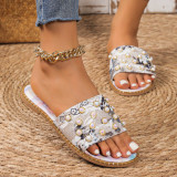 Round toe flat bottomed printed colorful pearl glossy slippers